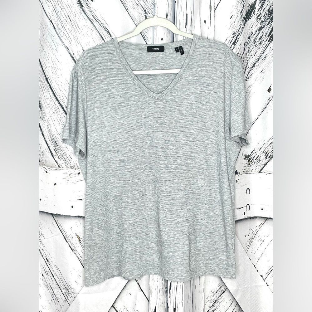 Theory Striped V-Neck T-Shirt Gray L